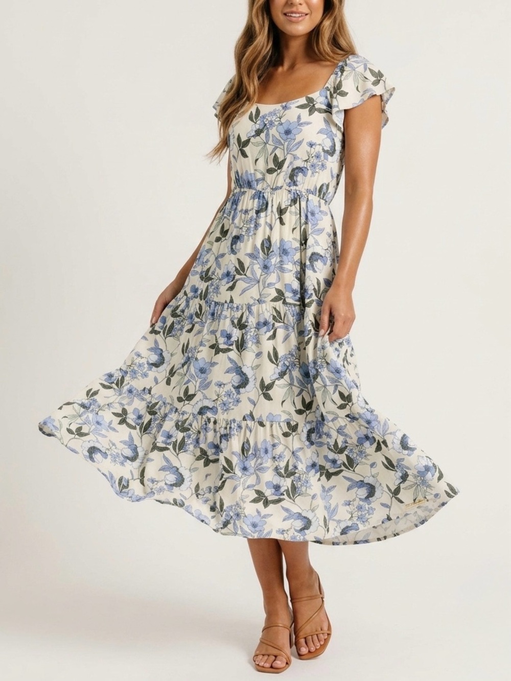 BALTIC BORN Linen Blend Blue Cream Floral Flutter Sleeve Tiered Midi Dress XL